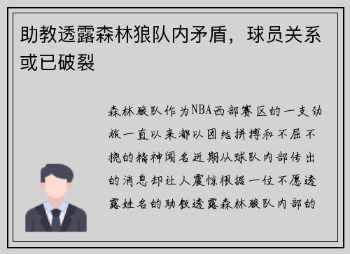 助教透露森林狼队内矛盾，球员关系或已破裂